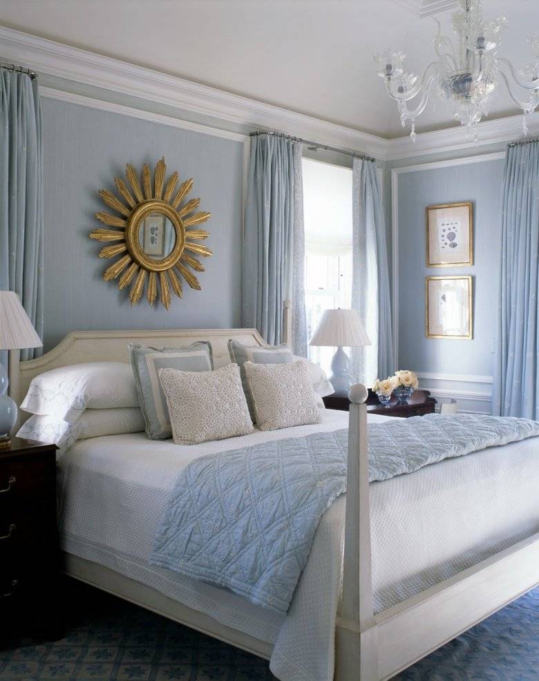 Голубые обои в спальне (54 фото): интерьер в голубых тонах, как подобрать шторы