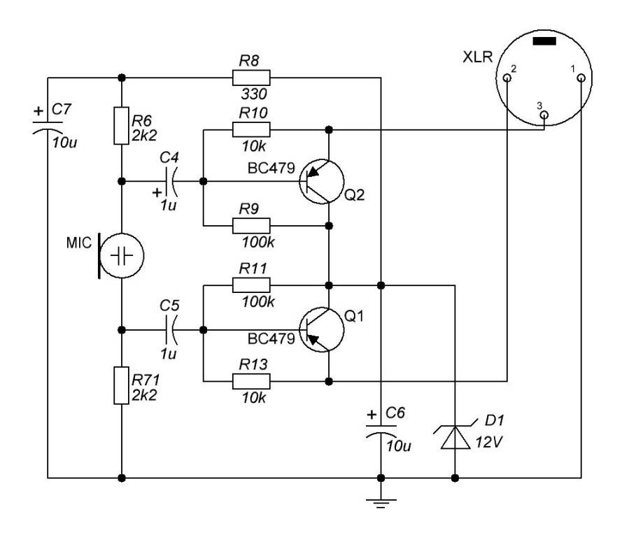 Микрофонный усилитель с фантомным питанием схема