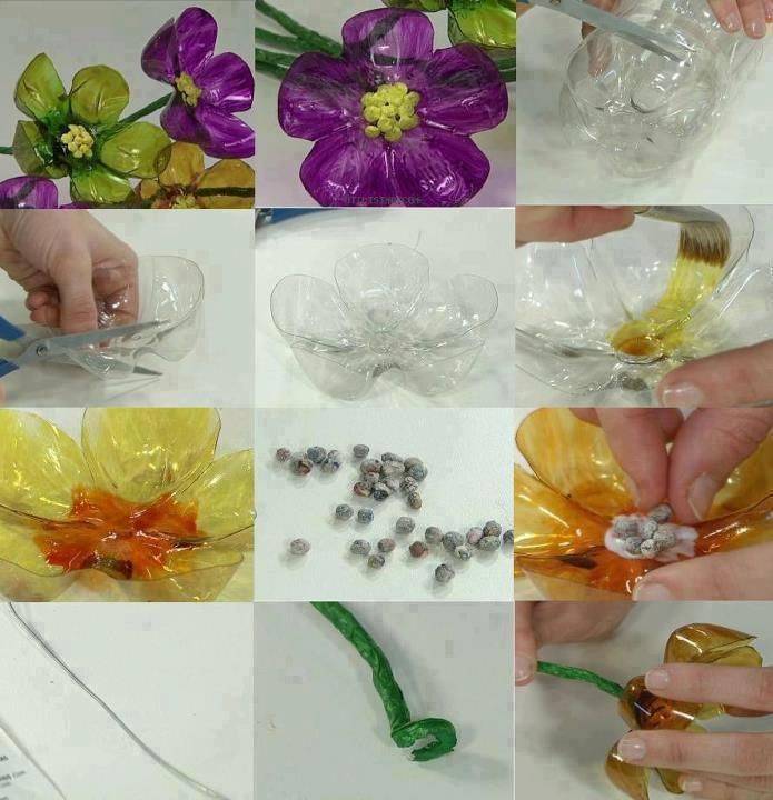 Цветы из разноцветных пластиковых бутылок своими руками